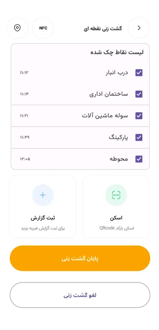 لیست نقاط بازرسی گشت با زمان اسکن هر نقطه